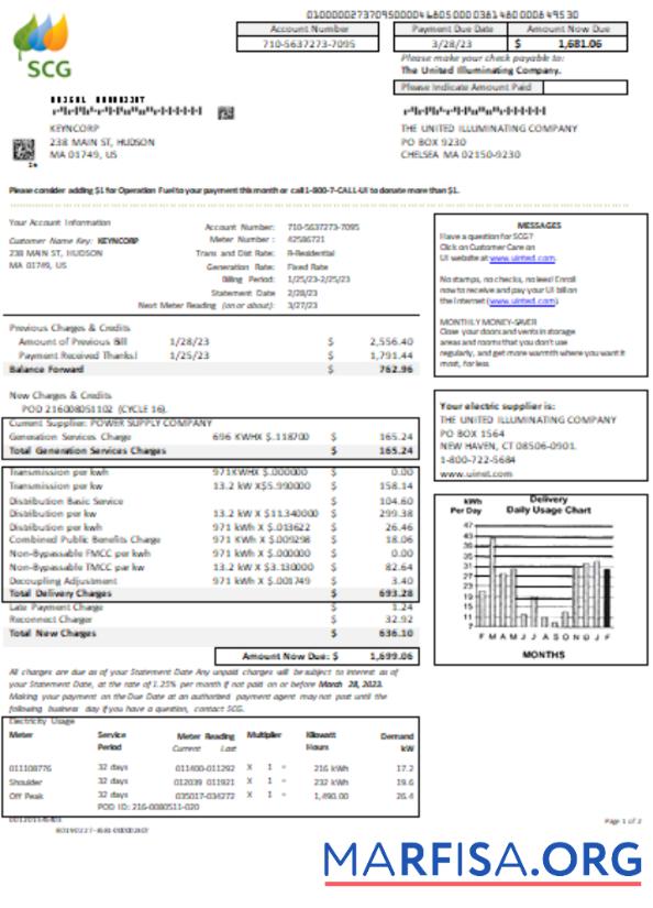 Realistic Massachusetts Chelsea SCG The United Illuminating Company utility business bill SCR, page 1 template
